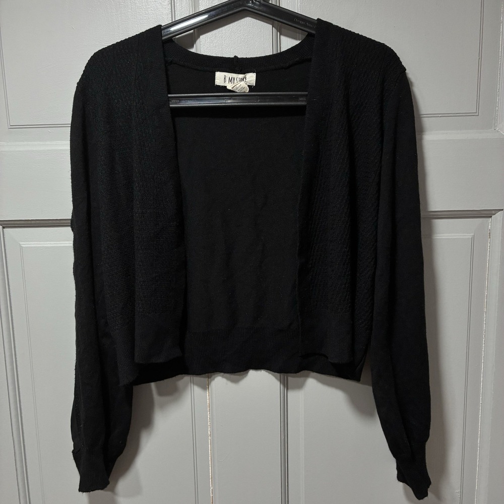B My Story Women's Black Knit Cropped‎ Open Cardigan M Sheer Mesh Long Sleeve